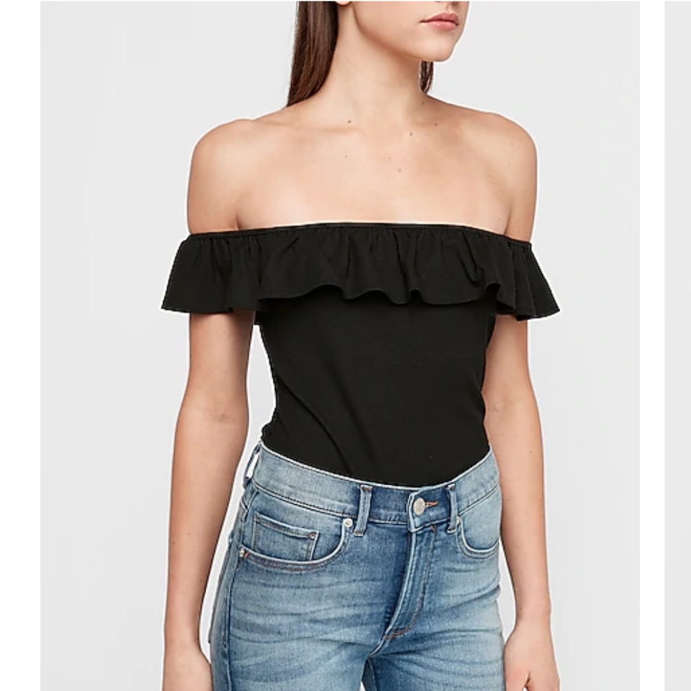 Ribbed Ruffle Off The Shoulder Thong Bodysuit